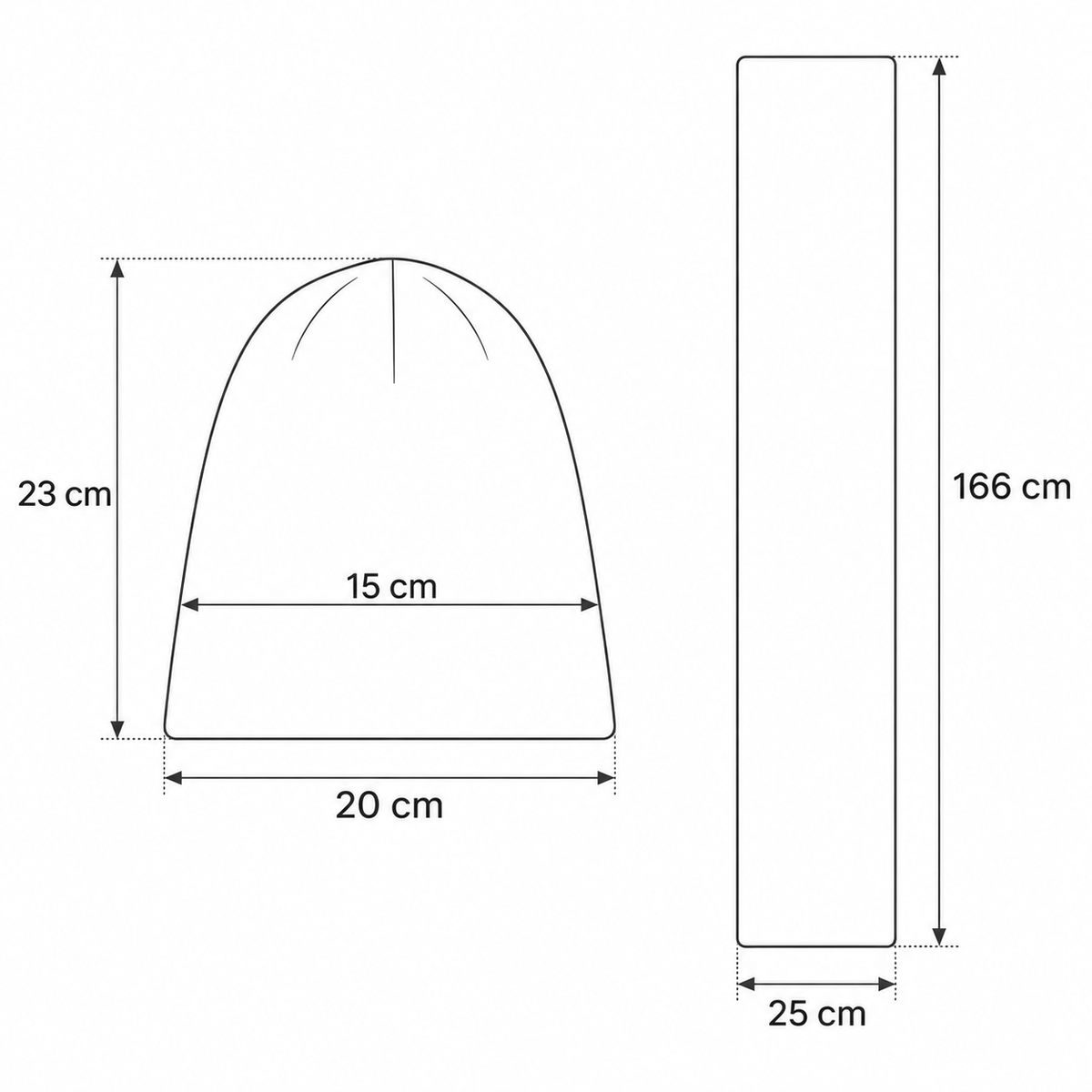 Wymiary kompletu DAILY: czapka 20 cm szerokości u dołu, 23 cm długości i 15 cm szerokości na jednej trzeciej wysokości od dołu; szal 166 × 25 cm.