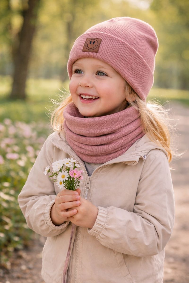 Bawełniana czapka i komin dla dziecka na wiosnę oraz jesień.
Prążkowany komplet dziecięcy zapewniający wygodę podczas spacerów.