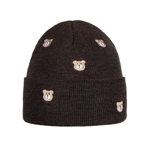 Czapka dziecięca LITTLE BEAR w kolorze czekoladowego brązu – widok z przodu z wywinięciem i haftowanymi misiami.