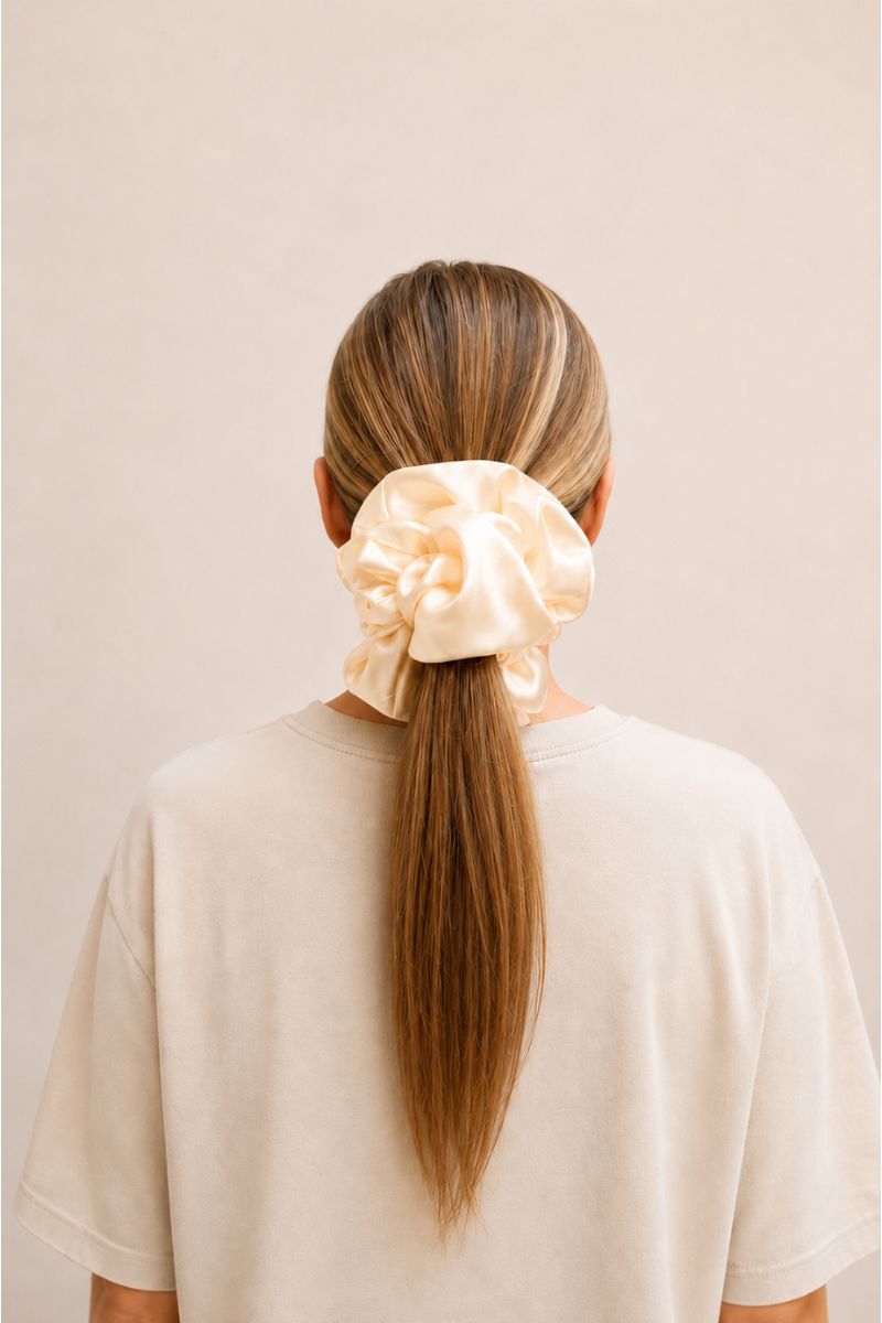 Jedwabna scrunchie SILQ w klasycznym kolorze ecru.
Delikatna gumka do włosów odpowiednia do codziennych fryzur.