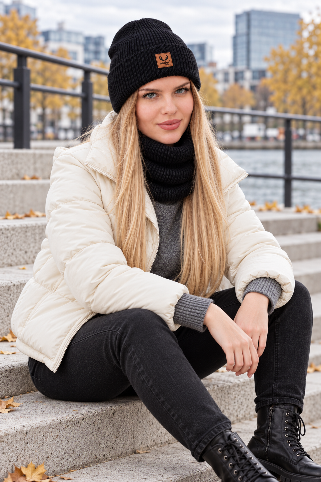 Modelka na miejskich schodach w czarnej czapce i kominie BRIGID oraz jasnej puchówce