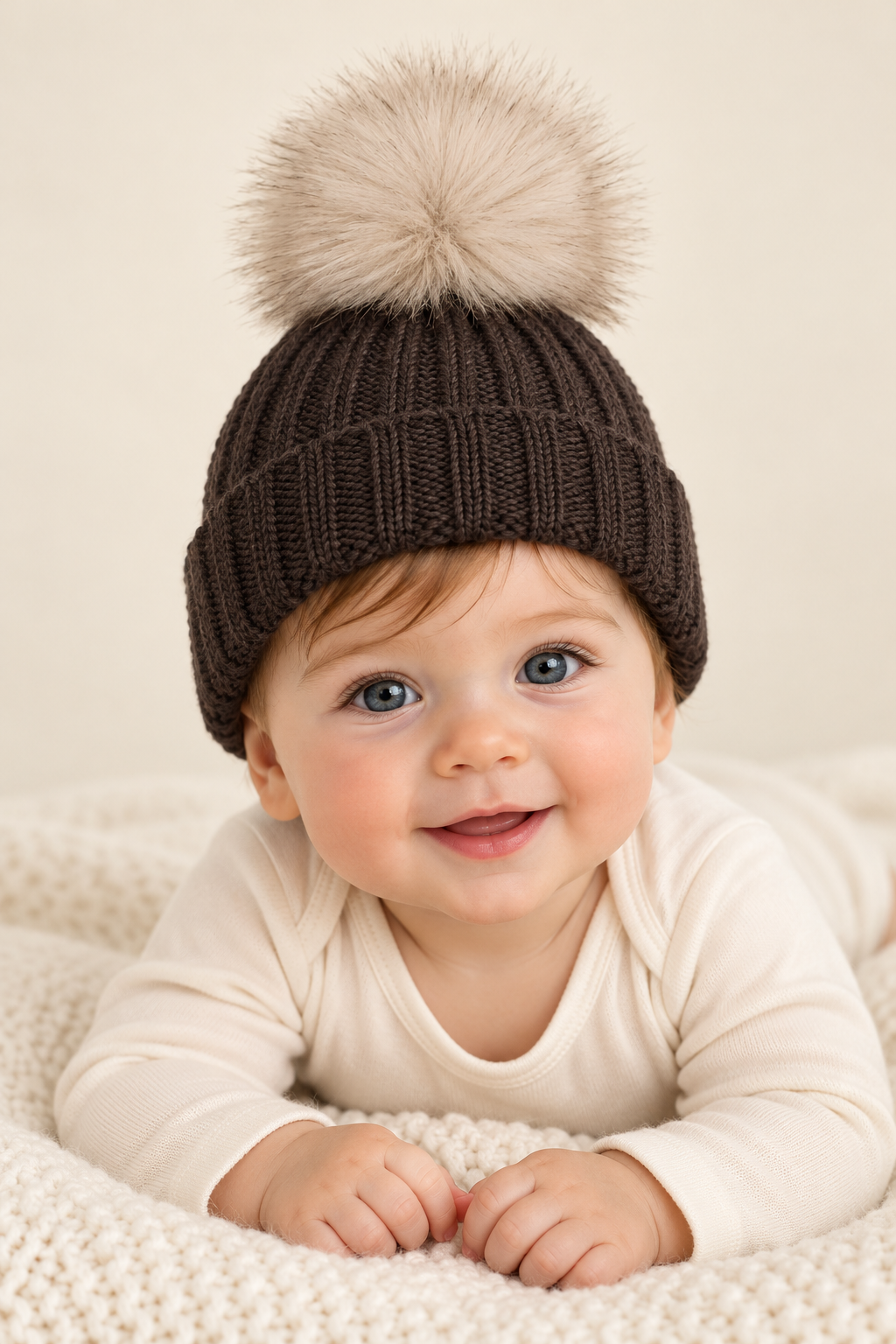 Chłopiec w brązowej czapce OLLO BABY z wełny merino i dużym pomponem – portret z przodu na kremowym kocyku.