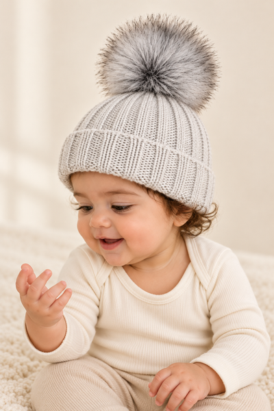 Dziewczynka w jasnoszarej czapce OLLO BABY z wełny merino i dużym pomponem – zbliżenie z widocznym splotem i wywinięciem.