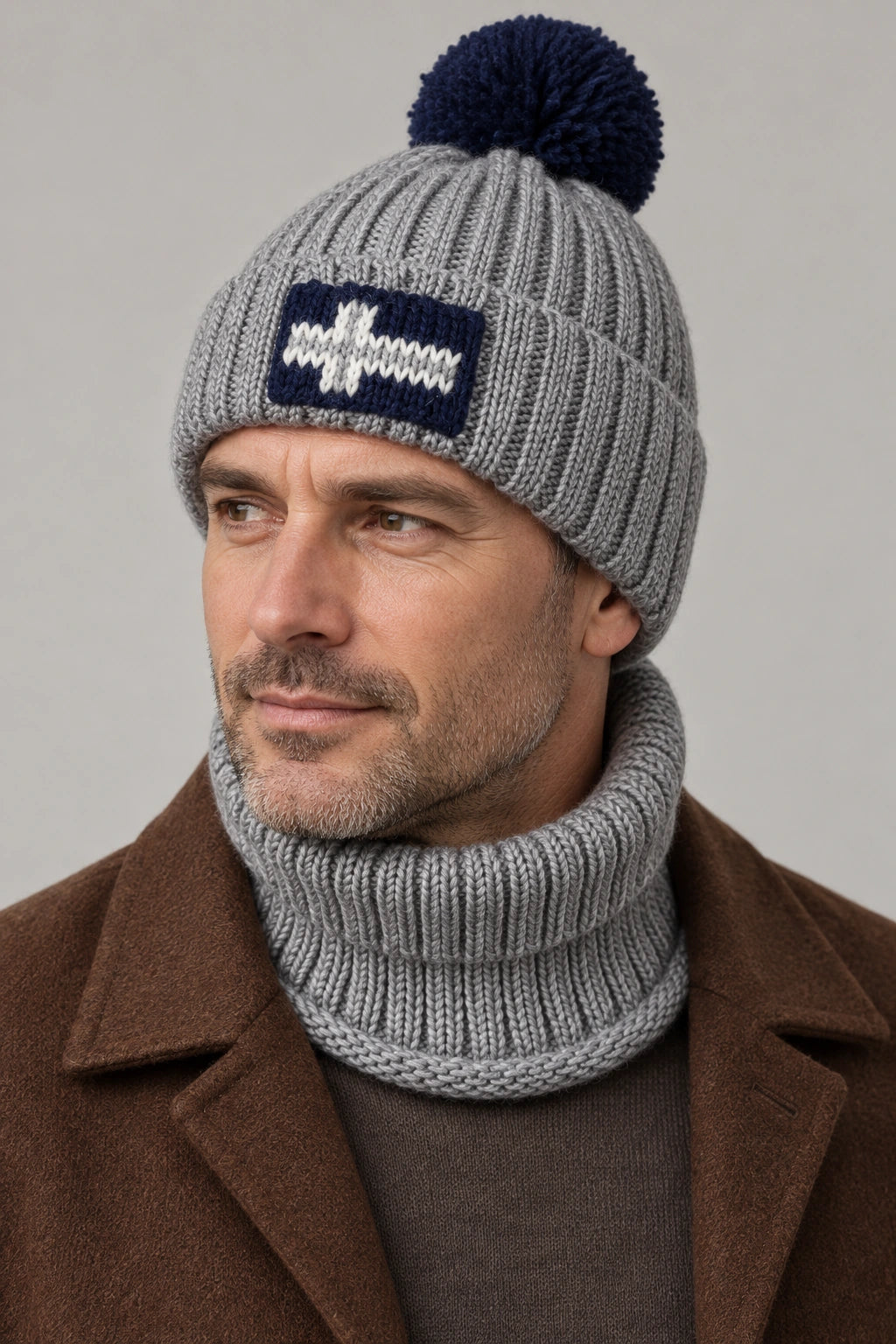 Model w szarym komplecie męskim OSLO – czapka z granatowym pomponem i komin, portret studyjny w brązowej kurtce.