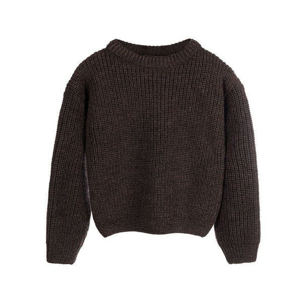 Brązowy sweter dziecięcy NORD wykonany z 100% wełny merino.
Sweter dziecięcy z wełny merino o waflowym splocie.