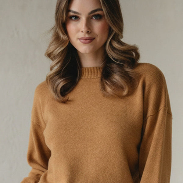 damski sweter z wełny merino w beżowym kolorze camel