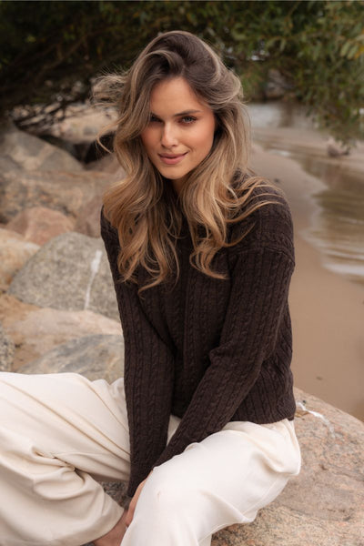 Sweter POLO – 100% wełny merino – czekoladowy brąz