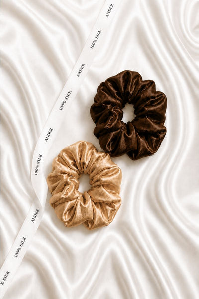 Set of two SILQ silk hair ties – size - M – beige, brown
